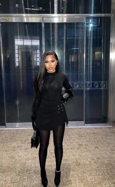 Dresses To Wear With High Boots, Birthday Outfit Ideas In Winter, Black Dress Outfit Ideas Parties, All Black Outfit Teacher, All Black Outfits For Black Women Night, Arnell Armon Boyfriend, Bar Attire For Women Going Out Winter, Dresses For A Date Night, Bright Colored Heels With Black Dress