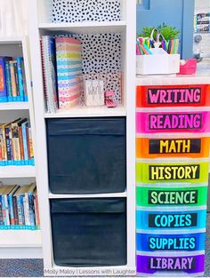 there is a book shelf with many books on it and the words written in different colors