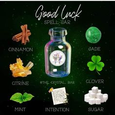 an image of good luck spell jar surrounded by different ingredients and things to put in it