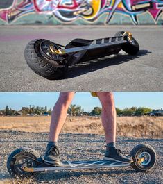 two pictures of someone riding an electric scooter in the street, and one is standing on it's wheels