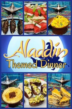 the cover of the book aladdin themed dinner, with pictures of different foods