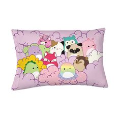 a pink pillow with cartoon characters on it