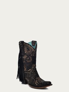 floral gold stamped black suede side fringe ankle boot women's boots A4492 Western Suede Boots With Tassels, Western Suede Fringe Boots, Western Style Suede Boots With Fringe, Fall Fringe Boots With Snip Toe, Fall Fringe Fitted Boots, Fringe Fitted Boots For Fall, Fitted Fringe Boots For Fall, Square Toe Ankle Boots, Side Fringe