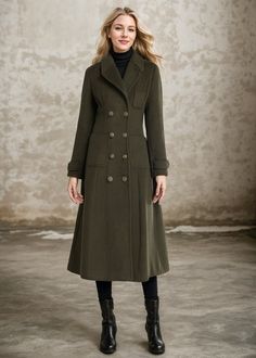 Army green long size Wool Coat for women, wool military coat, women's winter coat.   Perfect for cold weather and fall.This long wool coat is made of high quality fabric, soft and comfortable to wear, wearing warm in winter.  You can choose the one you like and make it unique. ★★ FEATURES 50% wool, 50% fiber, nylon Polyester lining Two pockets Button closure Long sleeve wool coat Army green wool coat Wool Military coat Perfect for winter, autumn Dry clean ★★Mode size Height 170cm (5′ 7″) Bust 84 cm (33") Waist 66 cm (26") She wears size XS. ★★ Custom order selection, Will charge 20USD-70USD custom fees Request Chang the Length Request Chang the sleeve length Your height is not between 155cm- 175cm Your weight is not between 47kg -77kg ★★ Warmly Note: 1 ) : Please confirm your shipping addr Fitted Long Khaki Pea Coat, Khaki Long Wool Coat For Fall, Khaki Wool Coat For Work In Winter, Khaki Long Sleeve Wool Coat For Work, Green Long Coat With Double Button Closure, Green Long Outerwear For Workwear, Green Long Outerwear For Work, Green Long Pea Coat With Button Closure, Double-breasted Green Wool Coat For Winter