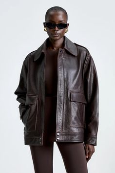 Drey - Nour Hammour Oversized Classic Leather Jacket With Pockets, Classic Oversized Leather Jacket For Work, Classic Oversized Leather Jacket, Modern Oversized Leather Jacket, Oversized Modern Leather Jacket, Oversized Modern Leather Jacket For Fall, Parisian Winter, Luxury Outerwear, Leather Outerwear