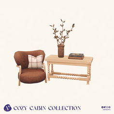 the cozy cabin collection includes a chair, table and vase with flowers on it's legs