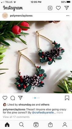 two pine cones and holly leaves are hanging from hoop earrings on a tweep