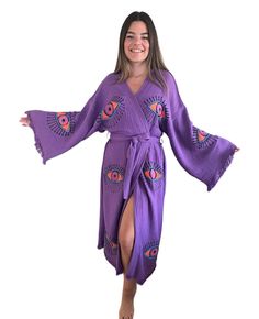 Handmade Evil Eye Festival Boho Kimono Bathrobe; %100 Organic Turkish Cotton You can use our stylish kimonos as; festival clothing, robe, dressing gown, beachwear cover up, bridesmaids gifts, bathrobe, pool&spa clothing, pareo, hammam towels and peshtemals. Due to its extra soft texture; our kimonos are very-well absorbent, quick to dry and eco-friendly. Great choice for the birthday / anniversary / bridesmaids / valentines day gifts. Patterns are handmade woodblock prints. Colors are also handm Traditional Fitted Beach Kimono, Cotton Wrap Beach Dress, Festival Dresses With Embroidered Kimono Sleeves, Cotton Wrap Dress For The Beach, Cotton Wrap Dress For Beach, Cotton Festival Dress With Kimono Sleeves, Purple Beachwear Dress For Festival, Purple Long Sleeve Maxi Dress For Festival, Long Purple Kimono For Beach