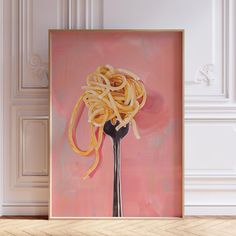 a painting of spaghetti on a fork in front of a pink wall