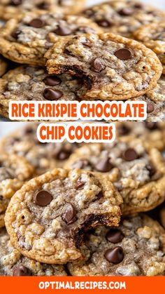 rice krispie chocolate chip cookies stacked on top of each other with text overlay