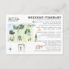 the weekend itinerary is displayed on a white marble surface with an illustration of people and trees