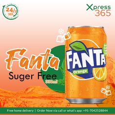 a can of fanta orange soda sitting on top of an orange background with the word fanta super free below it