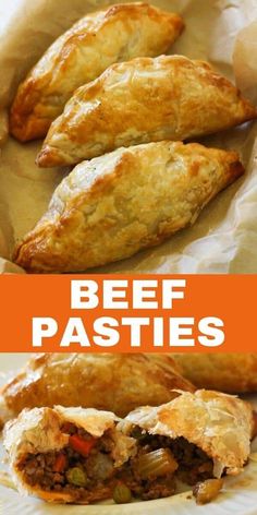 beef pastries with text overlay that says beef pastries on the top and bottom