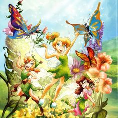 the tinkerbells are all flying around with their flowers and butterflies in front of them