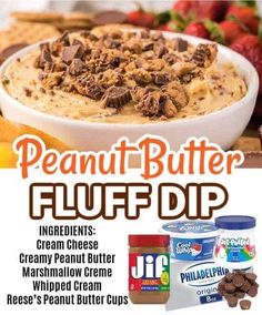 an advertisement for peanut butter fluff dips with chocolate chips and cream in the background