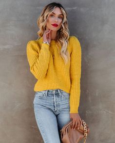 Relaxed Fit 74% Acrylic. 16% Polyester. 8% Nylon and 2% Spandex Hand Wash Cold. Dry Flat Crew Neckline Long Sleeves Knit Fabrication No Closures Not Lined Upgrade your fall to winter sweater game in our Crew Knit Sweater! This pretty yellow knit sweater is detailed with a crew neckline. Designed with long sleeves and a relaxed fit. Styled with the Tahiti Hoops. Aria Choker Necklace. The Buddha Wheel Necklace. Simple Bangle Bracelet. Chic Crossbody Chain Pouch Bag. Kason Distressed High Rise Deni High Stretch Knit Sweater For Spring, Spring High Stretch Knit Sweater, Stretch Solid Color Crew Neck Sweater, High Stretch Crew Neck Sweater For Fall, Stretch Yellow Knit Top, High Stretch Knit Sweater, Spring Stretch Sweater In Solid Color, Stretch Knit Top In Solid Color, Stretch Solid Color Sweater For Spring