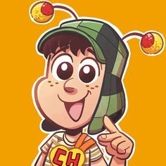 a cartoon character holding a candy bar and pointing to it's right side with an orange background