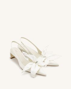 Queena Floral Appliques Slingback Pumps - Ivory White Ivory Pumps, Jw Pei, Loafer Mules, Floral Applique, Slingback Pump, Bag Handle, Ivory White, Leather Items, Boot Sandals