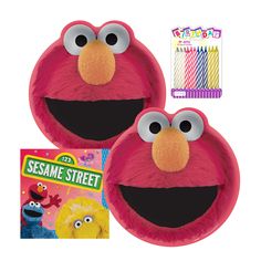 two sesame street elmo and elmo face masks with coloring sticks in the background