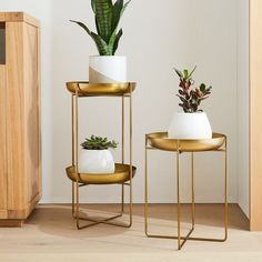 three gold plant stands with plants on them in front of a white wall and wooden floor