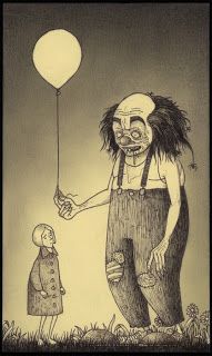 a drawing of a clown holding the string of a balloon to a child's hand