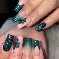 Instagram Dark Green Nails With Butterflies, Green And Silver Nail Designs, Enchanted Forest Nails, Slytherin Nails, Forest Nails, Prom 2k24, Jasmine Nails, Quince Nails, Indian Nails