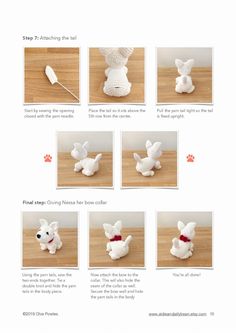 the instructions for making a stuffed animal that looks like a dog with red collar and tail