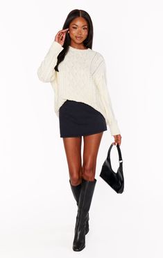 A closet staple you will be wearing on repeat! This classic cream cable knit is just what you need to build your year round wardrobe. Finish out warm days with your fave denim shorts, a layer over collared shirts and under jackets when the temperatures drop. Chic Cable Knit Sweater For Day Out, Skirt With Sweater, Sweater With Skirt, White Bachelorette Party Outfit, White Bachelorette, Maternity Dress Outfits, Nyc Fits, Round Wardrobe, Boho Maternity