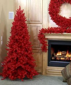 two red christmas trees in front of a fireplace