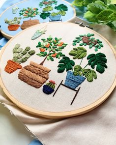 two embroidery hoops with plants and potted plants in them on a blue table cloth