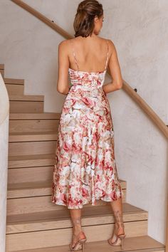 Shop the Lake Como Fitted Bodice Cami Strap Midi Dress Abstract Print Rose | Selfie Leslie Birthday Soiree, Nude Strappy Heels, Clothing Tags, Lake Como, Printed Midi Dress, Rose Print, Fitted Bodice, Strappy Heels, Abstract Print