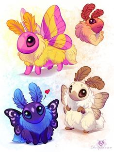 four different types of cartoon animals with hearts on their chests and wings, all in different colors