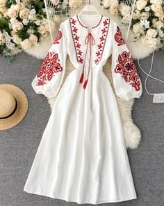 Flower Embroidered Dress, Lantern Sleeve Dress, Lantern Sleeve, Bohemian Dress, Flower Dresses, Embroidered Dress, Fall Dresses, Pleated Dress