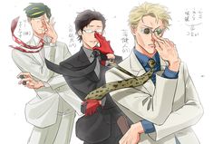 three men in white coats and ties with one holding a snake on his shoulder while the other is covering his mouth