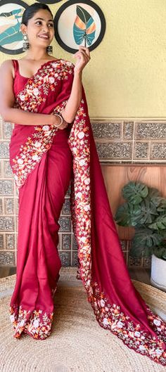 Red and Maroon color Saree in Art Silk fabric with Embroidered, Sequence, Thread work Red Saree Set With Floral Embroidery, Red Floral Embroidered Saree Set, Red Semi-stitched Set With Floral Embroidery, Red Floral Embroidered Sets For Navratri, Red Sets With Floral Embroidery For Navratri, Red Anarkali Saree With Embroidered Border, Red Blouse Piece With Embroidered Border For Eid, Festive Red Sets With Floral Embroidery, Festive Red Set With Floral Embroidery