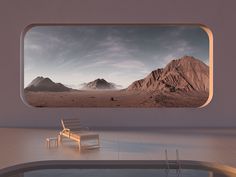 an empty pool with a bench in the foreground and mountains in the back ground