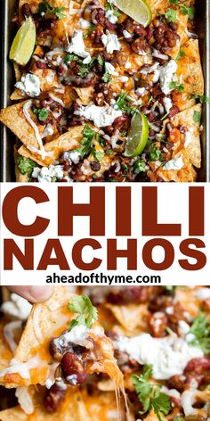 this chili nachos recipe is loaded with cheese, black beans and cilantro