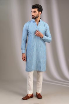 Blue kurta with zari thread embroidered lotus patterns. Comes with pant. - Aza Fashions Blue Kurta For Puja With Traditional Drape, Blue Kurta For Puja And Transitional Season, Blue Kurta For Puja In Transitional Season, Blue Kurta For Puja And Eid, Blue Kurta For Puja And Navratri, Blue Traditional Drape Kurta For Puja, Blue Sherwani With Zari Work For Puja, Blue Transitional Kurta For Puja, Blue Traditional Sherwani For Puja