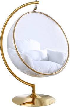 PRICES MAY VARY. Velvet Overall Dimensions: 41.5" W x 29.5" D x 64" H Clear Acrylic Swing Gold Metal Base and Frame White Durable Fabric Seat Contemporary Design Gold Accent Chair, Bubble Chair, Gold Bubbles, Ball Chair, Chair Options, Swing Chair, Meridian Furniture, White Cushions, Fabric Seat