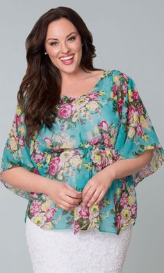 brunette woman in a pretty plus size blue and pink semi sheer chiffon top. Top has dolman sleeves and detachable tie/sash. Top is for sale., Aqua Rose, Stylish Plus, Plus Size Womens Clothing, Fashion Over 40, Big Girl, Chiffon Blouse, Girl Style