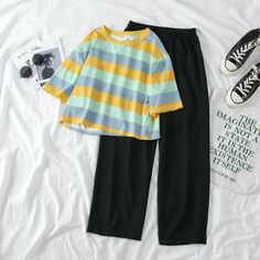 Women Summer Two Piece Set Tracksuit Clothes Female Casual Keen Length Pants Suit Striped Short Sleeve T Shirt 2pcs L250 Casual Multicolor Two-piece Pants Set, Casual Green Two-piece Set, Casual Yellow Two-piece Set, Casual Two-piece Short Sleeve Pant Set, Casual Yellow Pant Set For Spring, Summer Two Piece, Striped Pant, Pants Suit, Striped Short