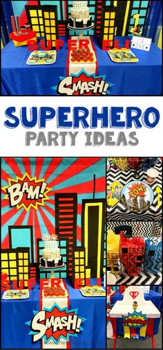 superhero party ideas for kids with legos, cake and cupcakes on the table