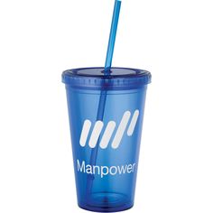 a blue cup with a straw in it and the word manpower on it