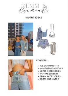 two women in denim outfits with the words denim jeans out it's front and back