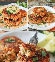 four different pictures of crab cakes with sauce and garnishes on the side