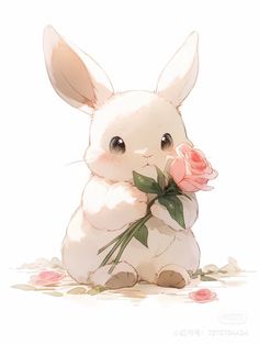 a white rabbit holding a pink rose in its mouth