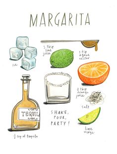 an illustrated drawing of margarita ingredients including lime, oranges, and ice cubes