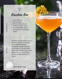 the bourbon bee cocktail is served in a coupe glass with an orange garnish