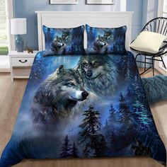 two wolfs in the woods on a blue background with trees and clouds printed on it