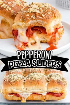 two pepperoni pizza sliders on a white plate with the title overlay above it